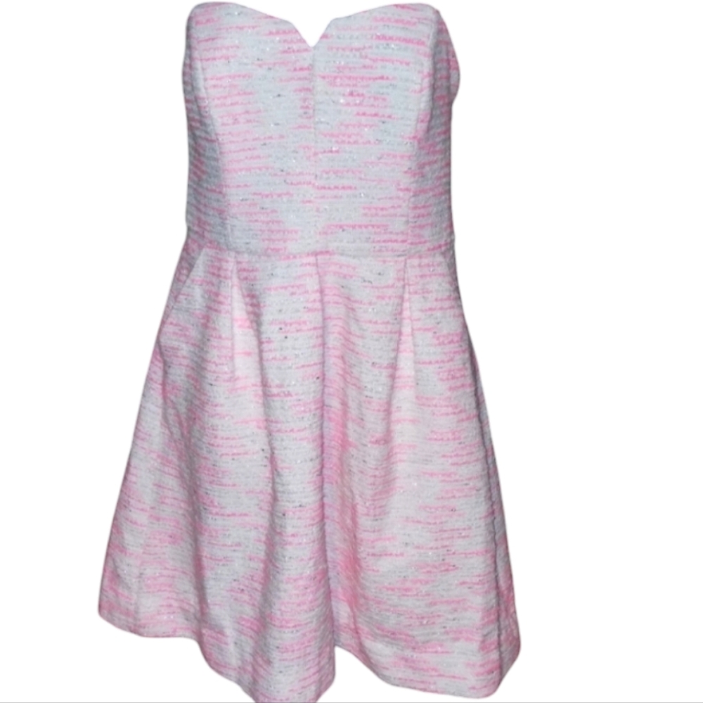 Moulinette Soeurs pink and white mini dress with silver accents, lined